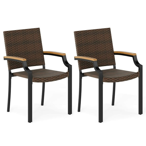 Costway Stacking Wicker Chairs Set of 2 with Acacia Wood Armrests & Metal Frame, Outdoor