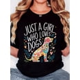 thumbnail image 1 of Women's "Just a Girl Who Loves Dogs" Graphic Tee - Retro Minimalist Floral Dog Print, Casual Comfort Fit, Round Neck Short Sleeve T-Shirt, Machine Washable, 1 of 7
