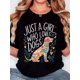thumbnail image 1 of Women's "Just a Girl Who Loves Dogs" Graphic Tee - Retro Minimalist Floral Dog Print, Casual Comfort Fit, Round Neck Short Sleeve T-Shirt, Machine Washable, 1 of 7