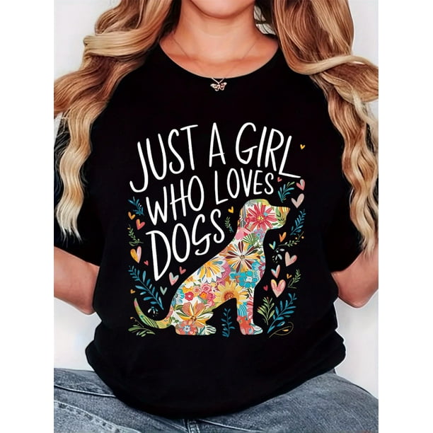 Women's "Just a Girl Who Loves Dogs" Graphic Tee - Retro Minimalist Floral Dog Print, Casual Comfort Fit, Round Neck Short Sleeve T-Shirt, Machine Washable