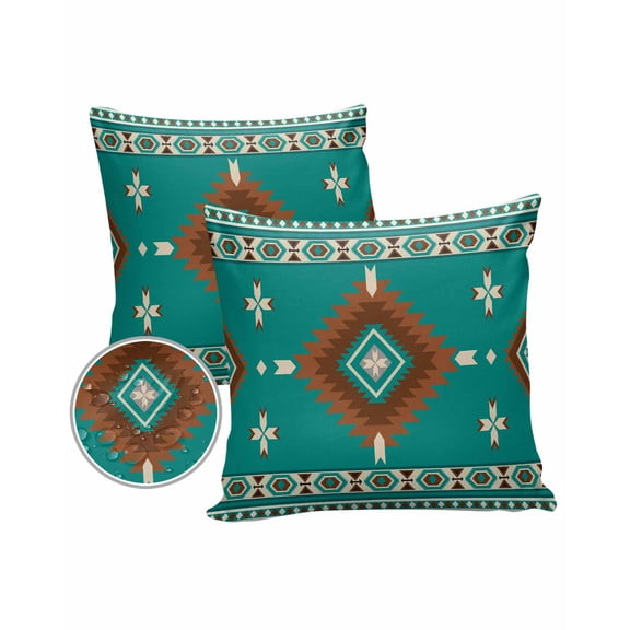 Pack of 2 Outdoor Pillow Covers, Southwestern Native Geometric Boho Teal Waterproof Square Throw Pillowcase Cushion Decorative Pillow Covers for Couch Patio Tent, 18x18 in