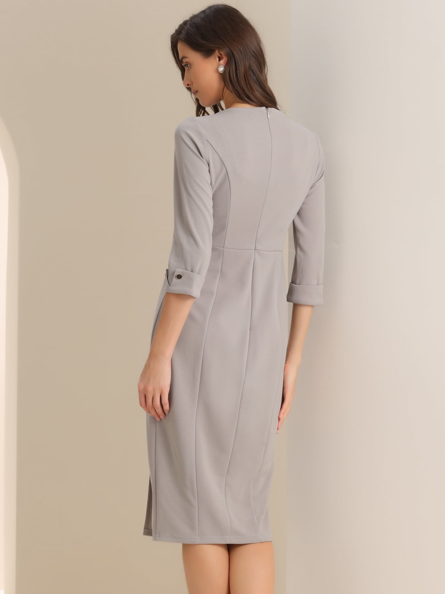 DARING DIVA Elegant Boat Neck 3/4 Sleeves Midi Split Sheath Dress XS Grey