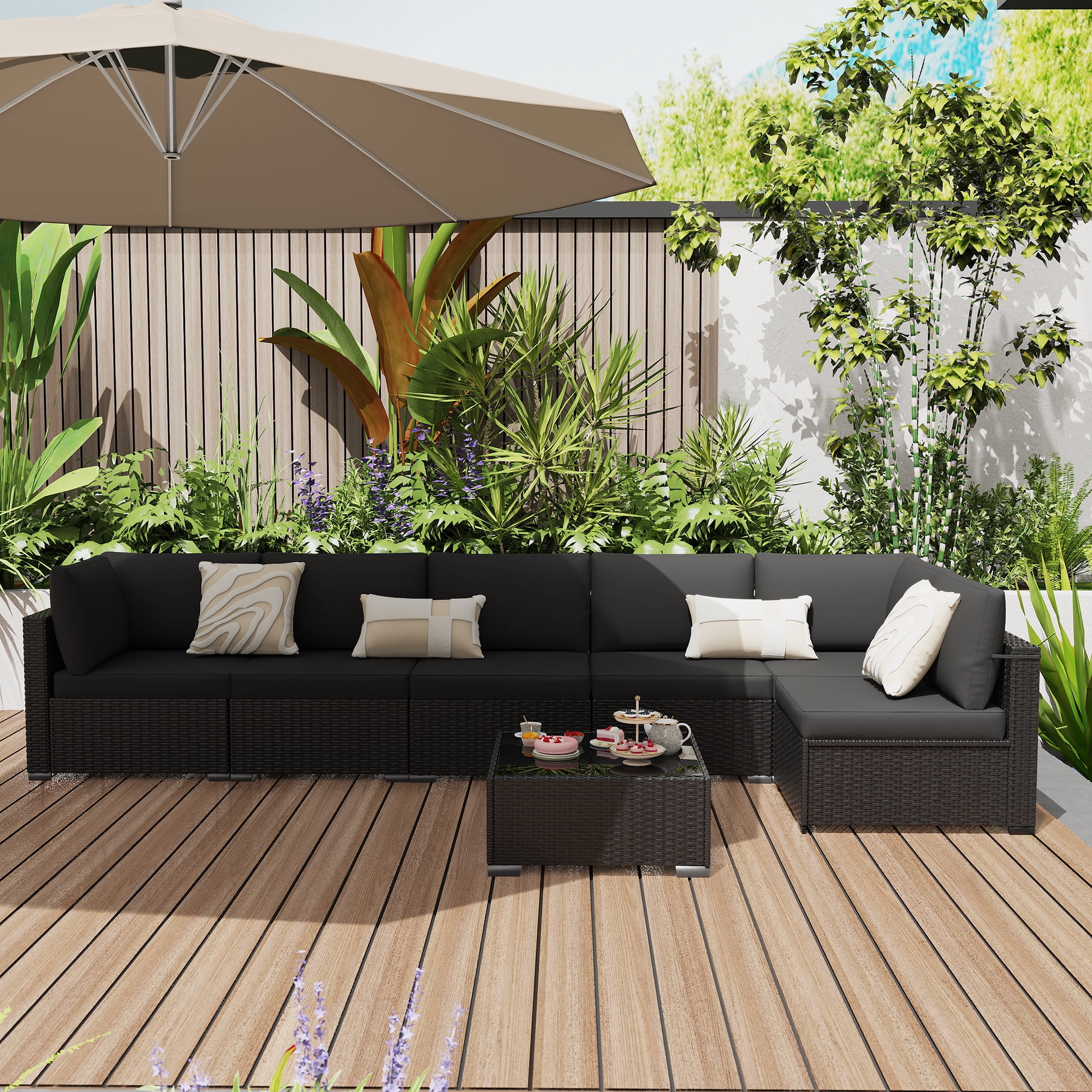 KIGOTY 7 Piece Outdoor Patio Furniture, Wicker Rattan Outdoor Conversation Set Sectional Sofas for Backyard, Garden, Black-Black