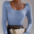 thumbnail image 4 of XPMWRP Women's Knitted Crop Tops Long Sleeve T Shirts Square Neck Y2k Tops Slim Fit Going Out Trendy Fall Fashion Clothes Blue L, 4 of 4