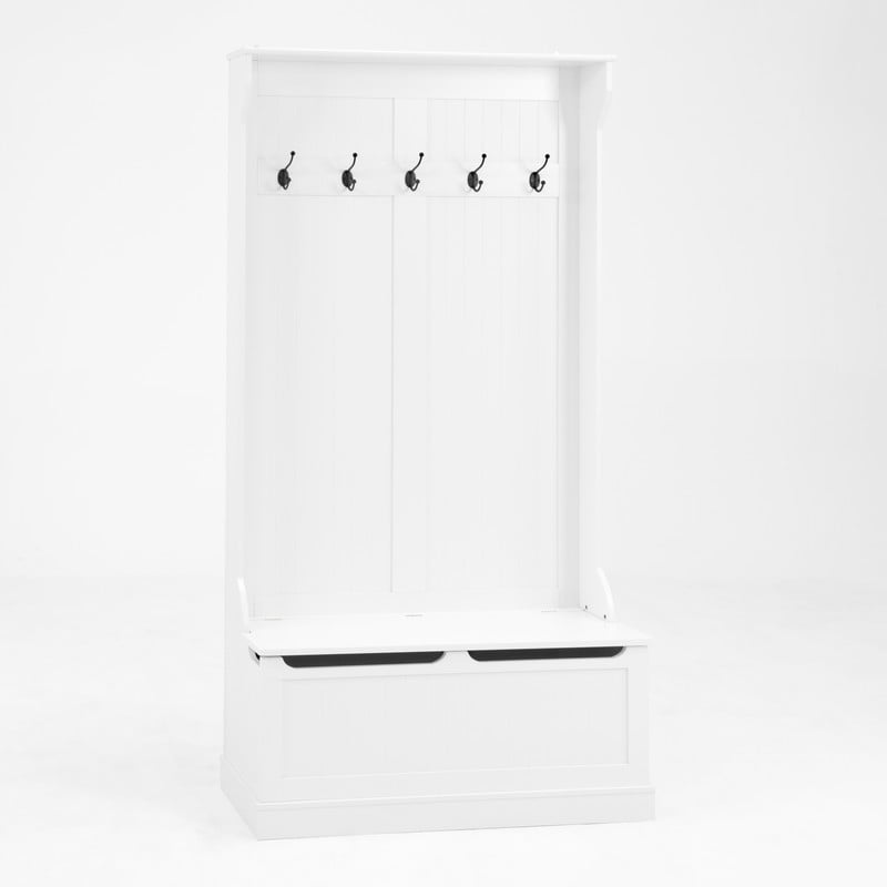 Hall Tree with Shoe Storage Bench & 5 Hooks,Coat Rack with Hidden Storage, Standing Entryway Organizer for Mudroom, Living Room,White