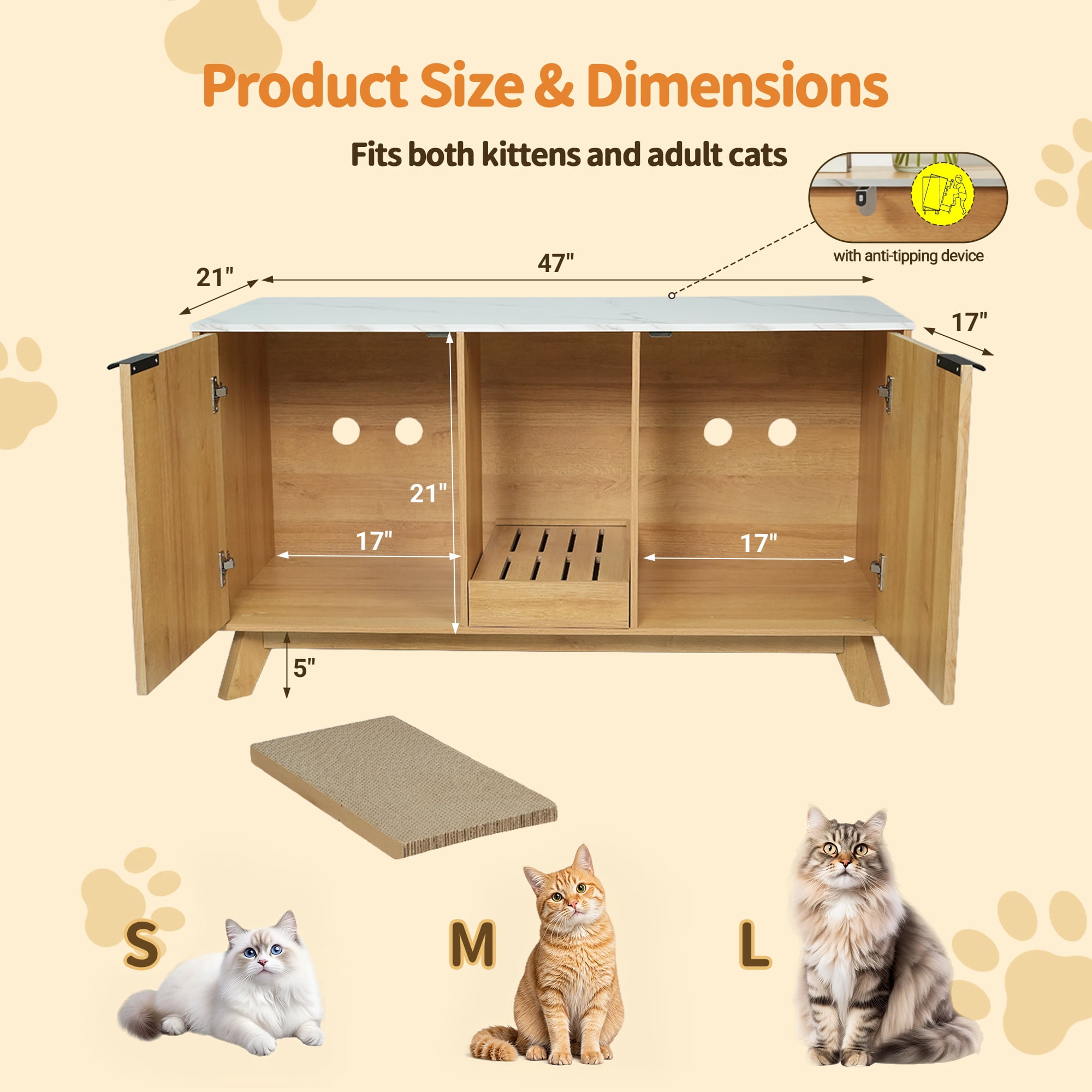 YDN Modern Litter Box Enclosure for Cats- 47" Indoors Hidden Cat Litter Box Furniture for 2 Cats, Wooden Cats Washroom Side Cabinet with Scratching Pad for Most Cat Litter Box,Nature