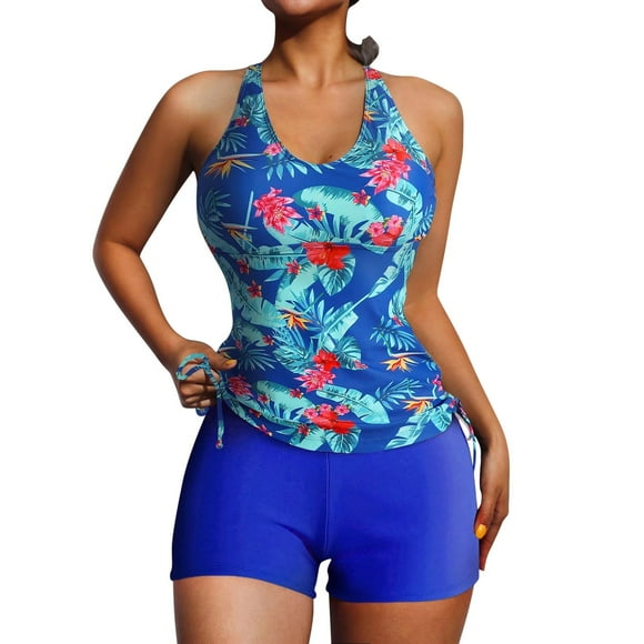 FhsagQ Women Swimsuit Sets White Women Swimsuits for Women Two Piece Bathing Suits Floral Print Tank Top With Boyshorts Tummy Control Swimming Suits Women's Swimsuit Sets Crotchless Teddy Blue M