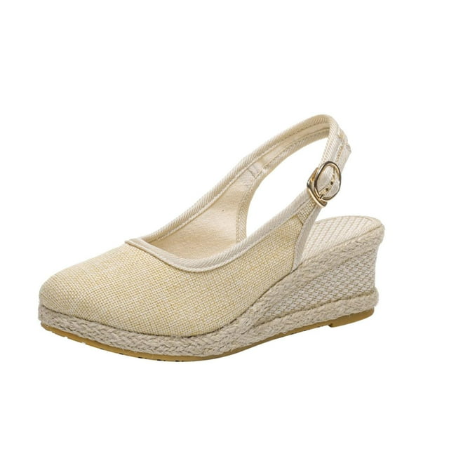 Womens Wedge Sandals Slingback Close Toe Jute Wrapped Bottom Design Platform High Wedge Heels Vintage Flax Breathable Non Slip Lightweight Summer High Heels Beige