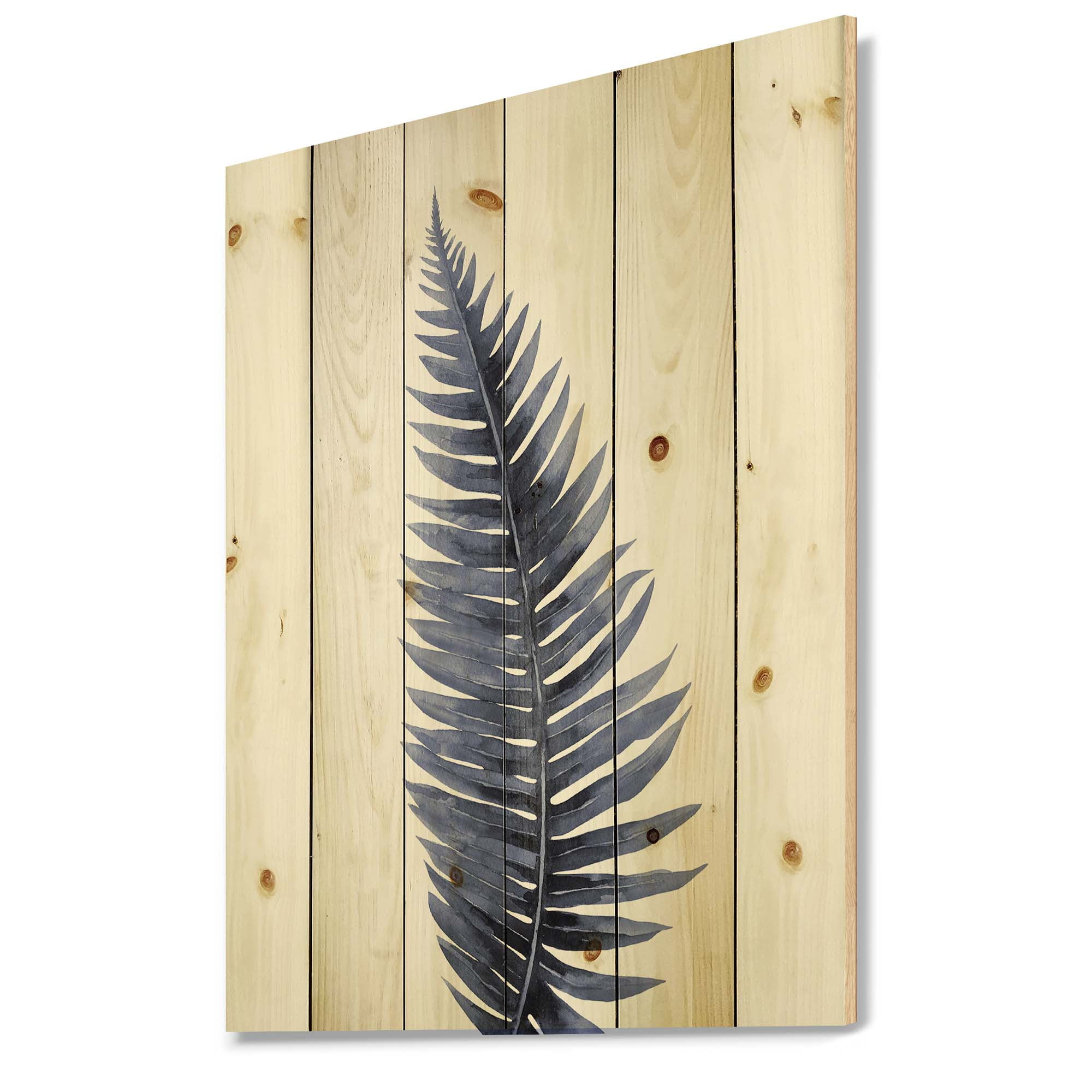 Designart 'Tropical Blue Watercolour Leaves On White' Bohemian & Eclectic Print on Natural Pine Wood