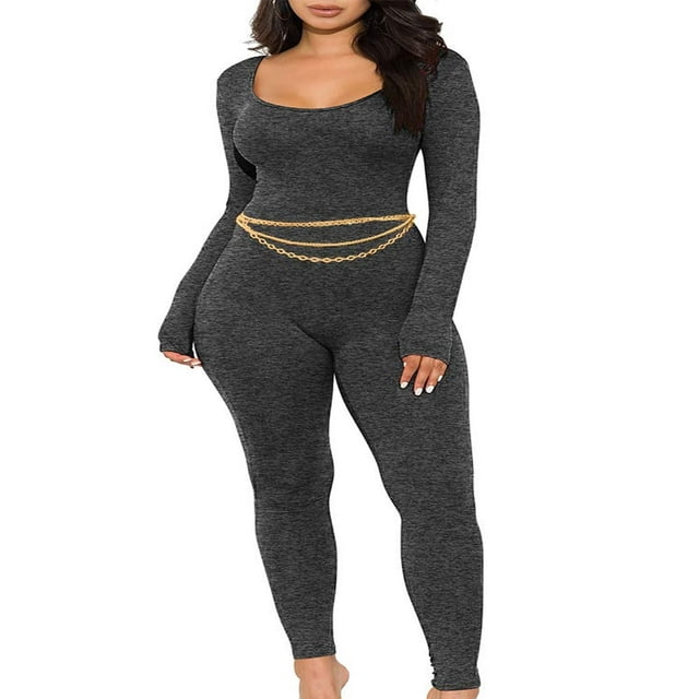 Women Long Jumpsuit Solid Color Long Sleeve U Neck Slim Bodysuit