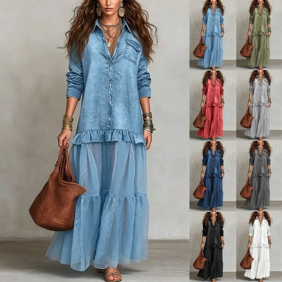 Hvogkswy Denim Dress for Women Long Sleeve Lapel Button Down Flowy Long Dress Loose Bohemian Denim Shirt Maxi Dresses with Ruffle Hem