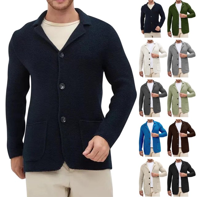 Xcmzpl Cardigan Sweaters for Men Button Down Collar Chunky Knit Cardigan Long Sleeve Solid Warm Jacket Fall Cardigans with Pocket