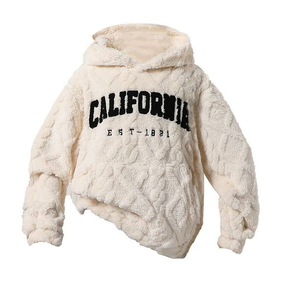 ZHOGXU Toddler Girls Hooded Sweater Fuzzy Letter Print Long Sleeve Warm Loose Fit Tops For Fall Winter Daily Wear Beige 12-13 Years
