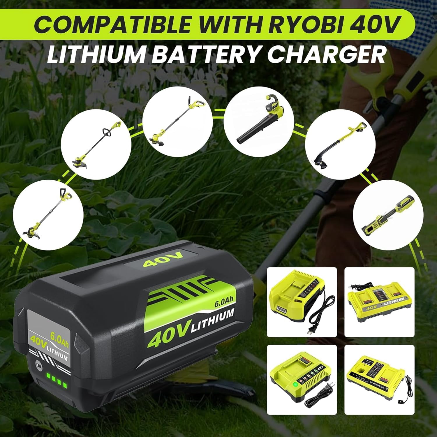 2 Pack Replacement for Ryobi 40V Battery and Charger Compatible with Ryobi 40 Volt Battery Lithium OP4040 OP40401 OP4026 OP40261  Compatible with 40 Volt Cordless Power ToolGreen