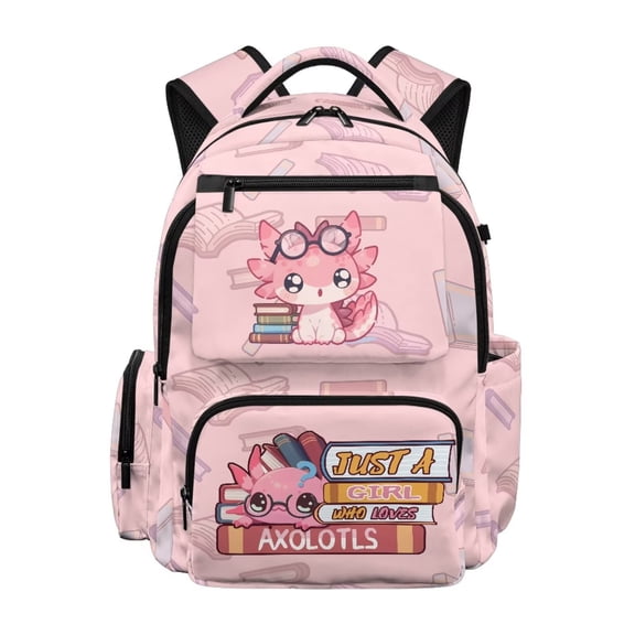 KUIFORTI Book Axolotl School Bag for Kids Lightweight Polyester Bookbag for Elementary Primary Middle School 17 Inch Outdoor Teen Girls Bookbag Versatile