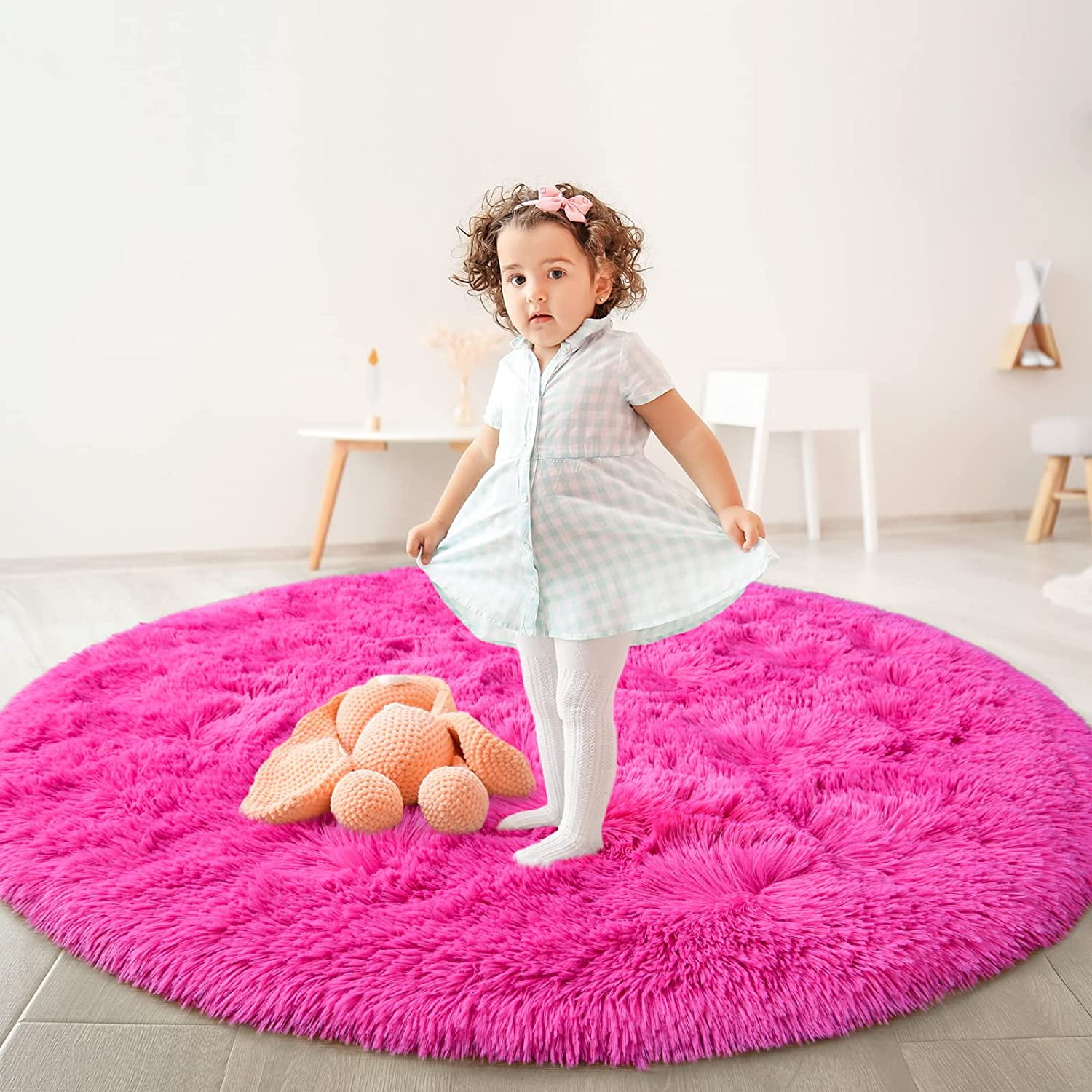 5X5 Ft Light Pink round Rug for Girls Bedroom Fluffy Carpet for Nursery Room