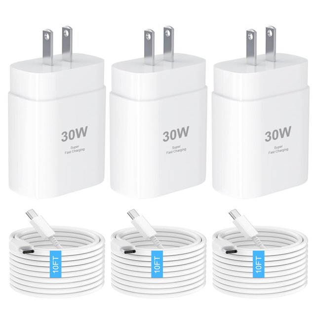 Cargador BenKri USB C de 30 W, carga rápida, paquete de 3 con cable de 10 pies