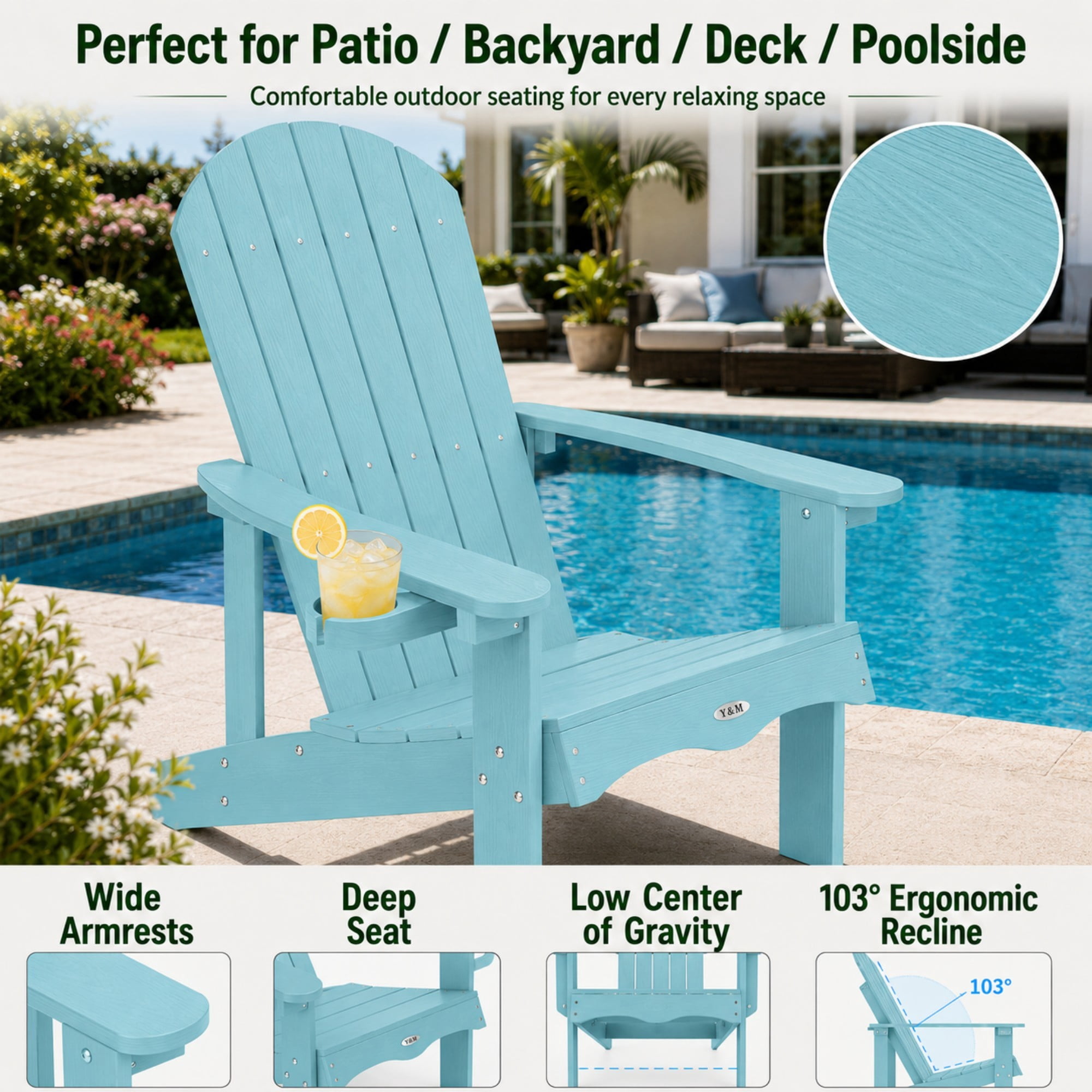 Y&M Adirondack Chair, HDPE Weather Resistant Outdoor Chair with Cup Holder, Light Blue