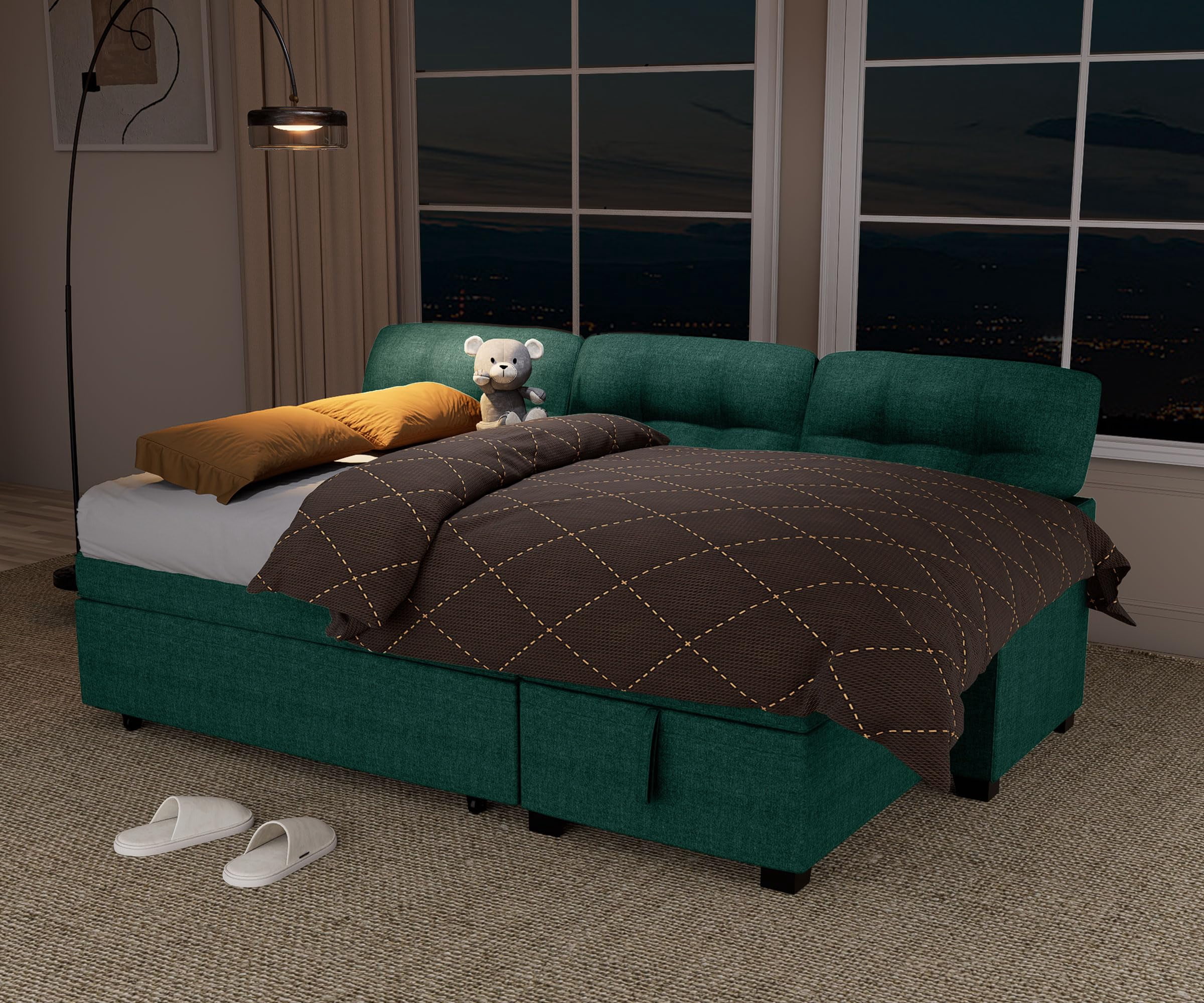 Reversible Sectional Sleeper Sofa with Storage Chaise – Modern Linen Pull-Out Bed, Hidden Storage & Removable Backrest for Living Rooms