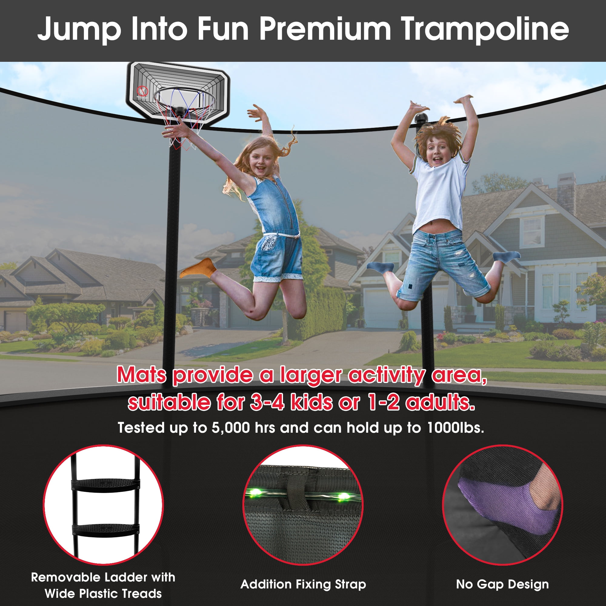 Jump Into Fun 10FT Trampoline for 3-4 Kids, 1000LBS Capacity Trampolines with Enclosure, Basketball Hoop, Heavy Duty Outdoor Galvanized Anti-Rust Coating Recreational Trampoline