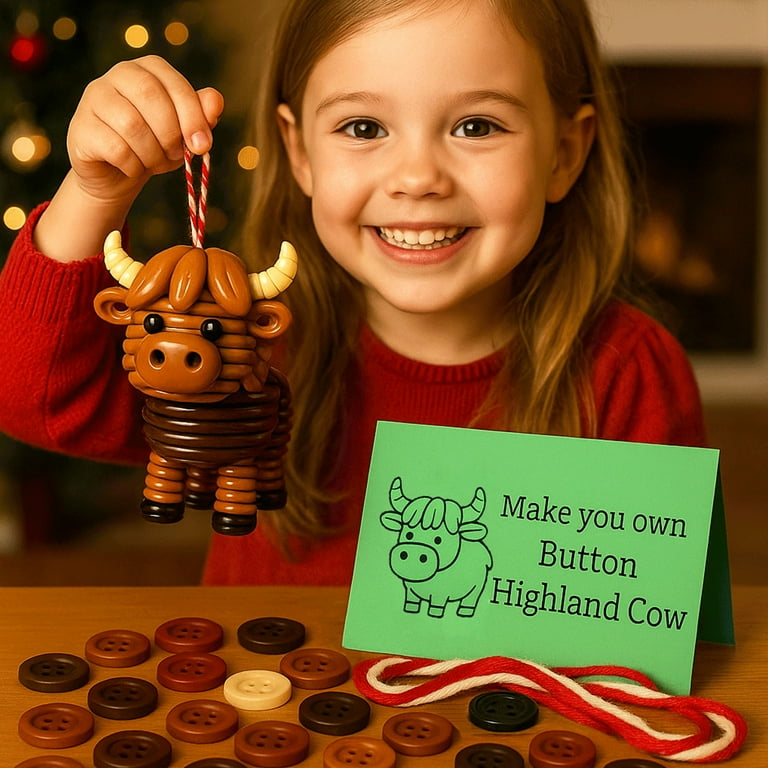1pcs DIY Button Highland Cow Ornament Kit - Crochet-Included Set for Making Custom Christmas Decorations, Perfect Family Craft Project, Creates Hanging Holiday Accents for Home