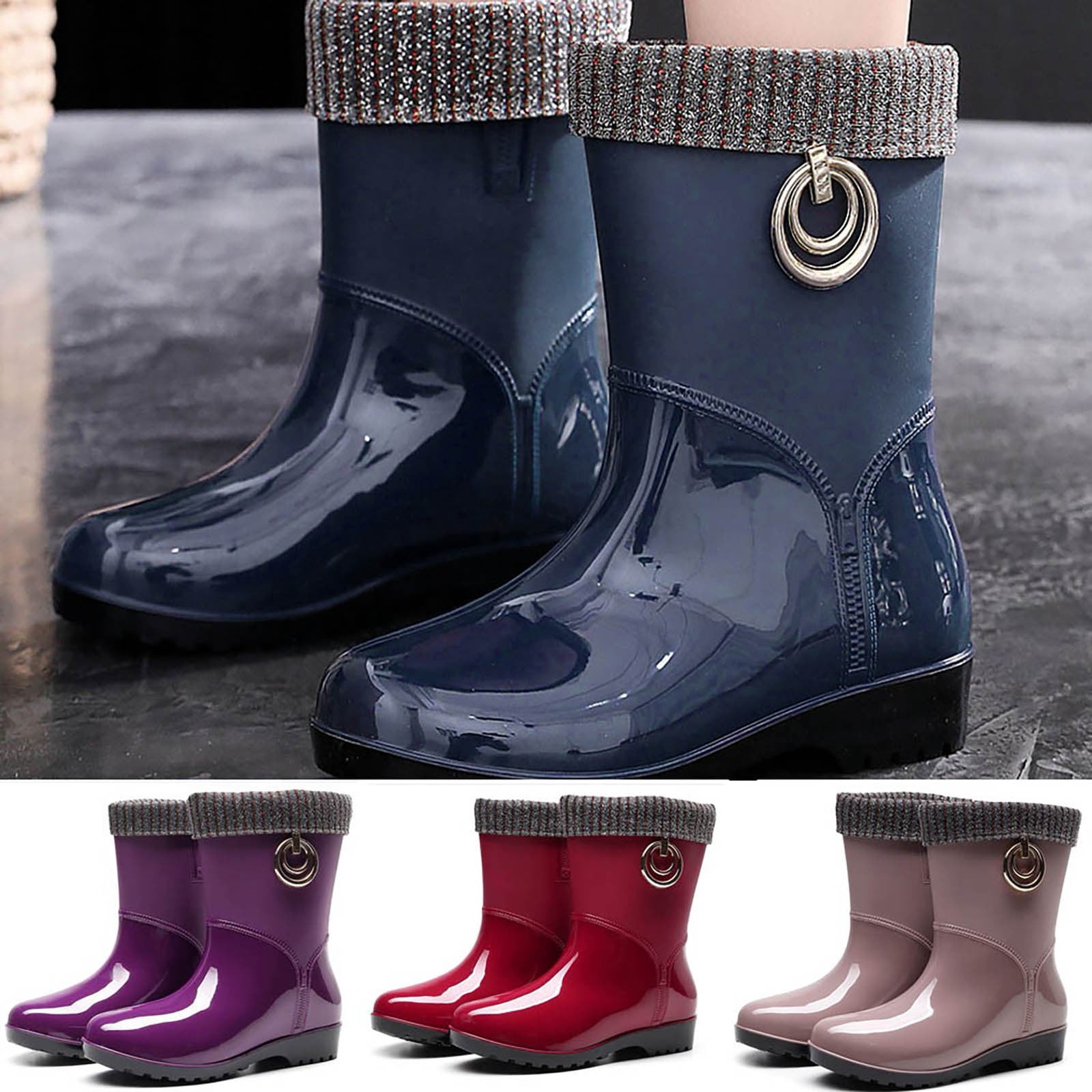 Mepaouo Rain Boots for Women Mid Calf Rubber Waterproof Garden Work Water Rainboot for Outdoor