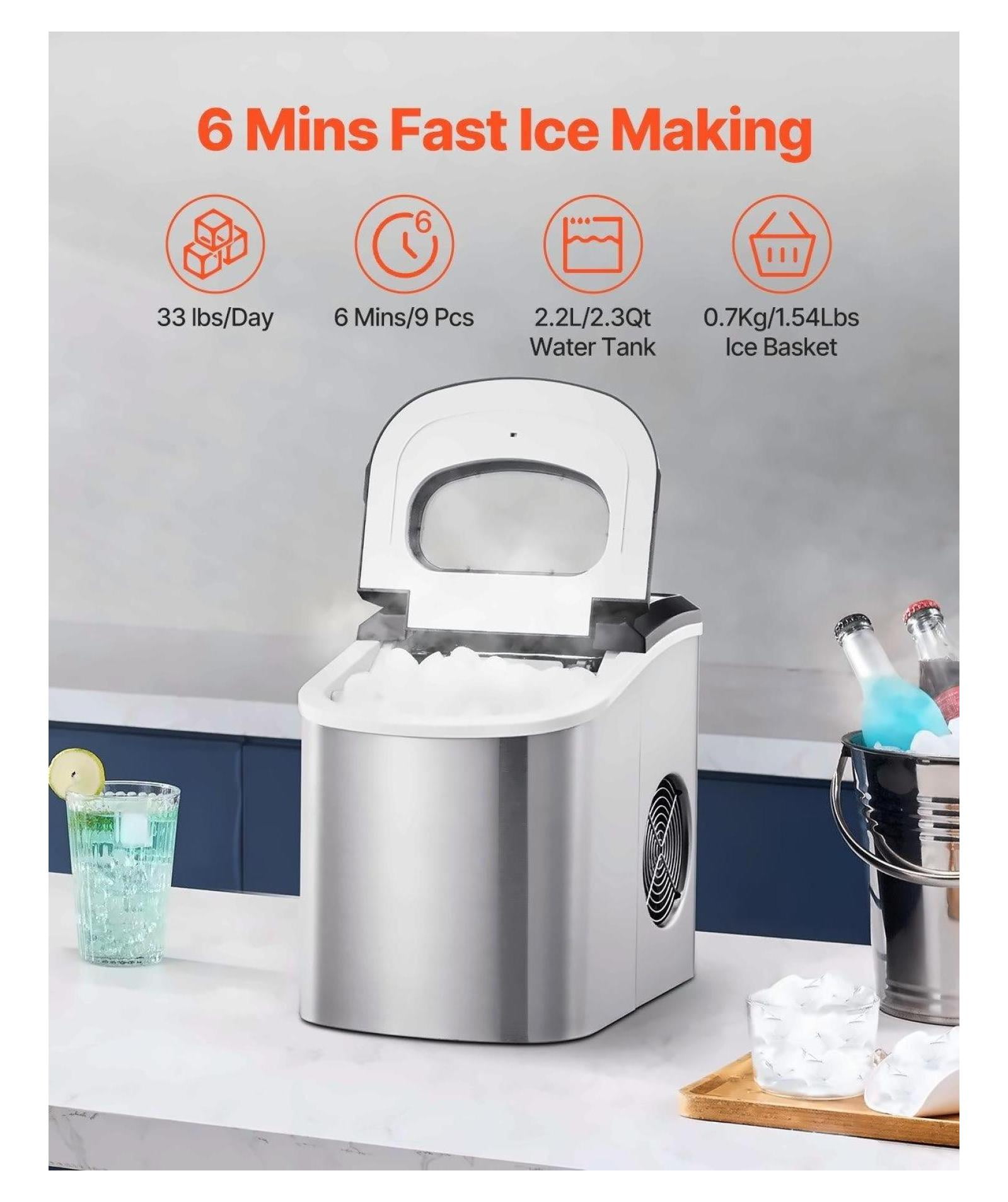 Countertop Ice Maker 33lbs/24H, Portable Ice Machine Self-Cleaning, Fast Ice in 6 Minutes, 1.54lbs Storage, with Scoop & Basket for Home Bar Office