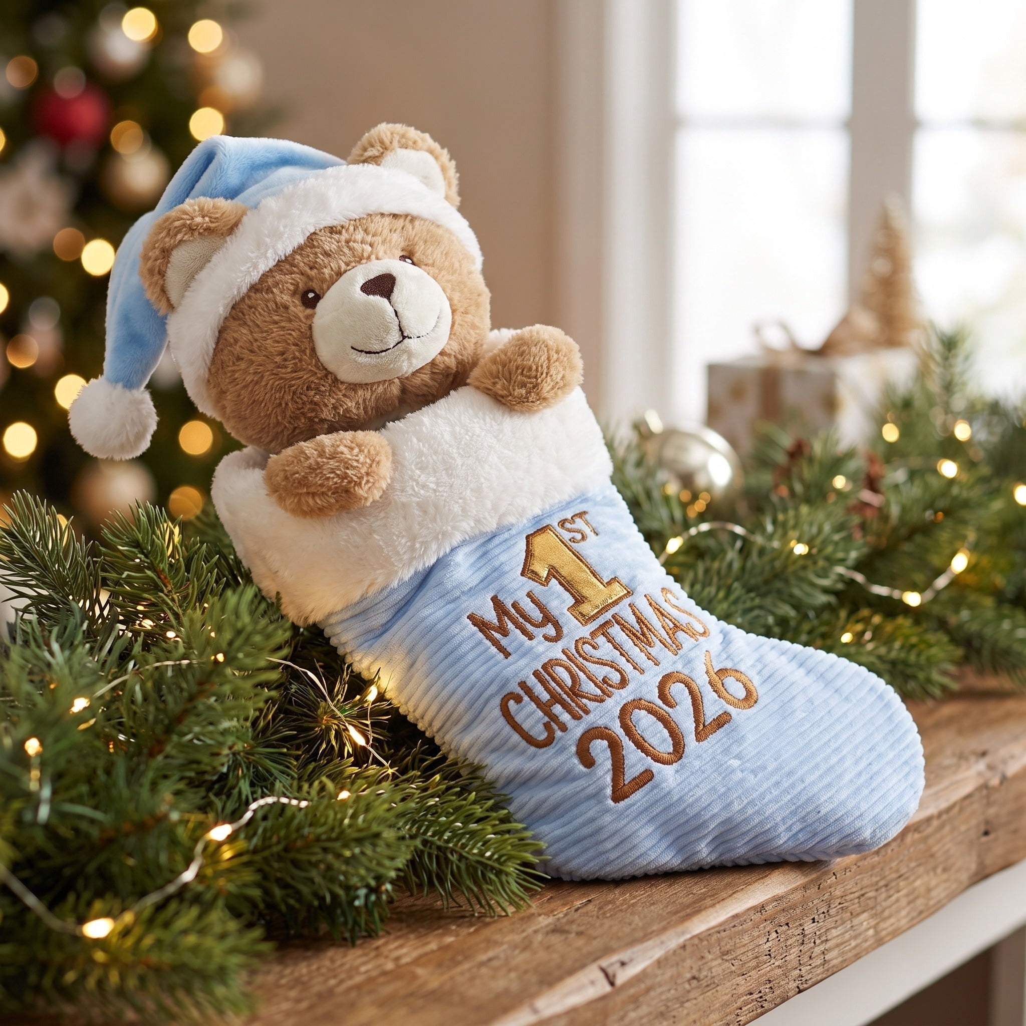 My First Christmas Stocking with Teddy Bear, Blue, 22", by Holiday Time