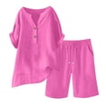 thumbnail image 6 of Womens Summer Outfits Cotton Linen Short Sleeve Button Down Shirt with Bermuda Shorts 2 Piece Lounge Set with Pockets Pink S, 6 of 6
