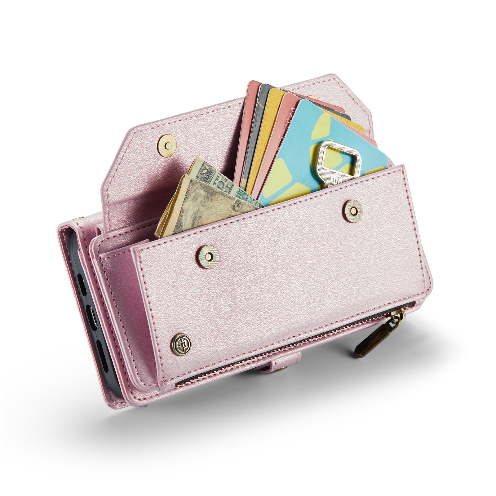 PINSAI Crossbody iPhone 13 Wallet Case with 7-Card Holder Zipper Bills Slot, Soft PU Leather Magnetic Flip Wristlet Shoulder Strap Phone Case Wallet for Women,Rose Gold