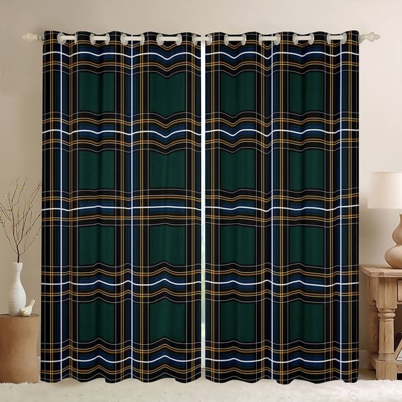 Homewish Minimalist Plaid Stripes Black Out Curtains For Female Men Adults,Green Yellow Curtains Pack of 2 (42x63 Each),Abstract Geometric Bedroom Curtains,Luxury Bedroom Decor