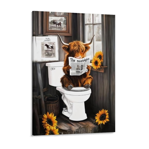 Framed Funny Bathroom Wall Decor, Cute Animal Wall Decor, Highland Cow In Toilet Bathroom Wall Art Print Poster, Home Decor