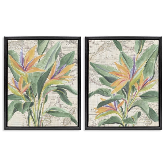 Stupell Industries Flowers over Vintage Map Floral Painting Black Floater Framed Canvas Art Print Wall Art, 17 x 21, Set of 2