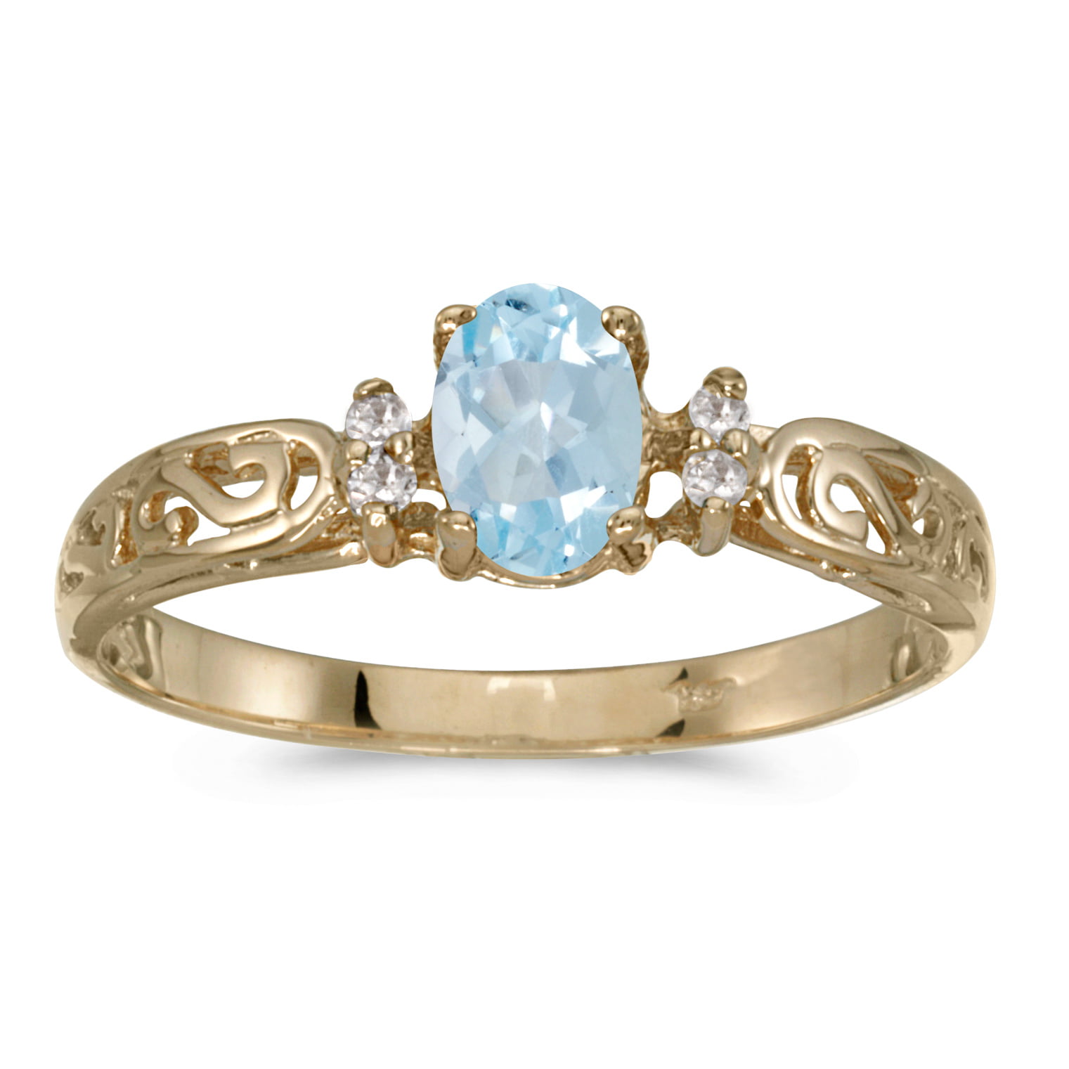 14k Gold Oval Aquamarine and Diamond Accent Swirl Filigree Bypass Fashion Promise Ring 6 x 4 MM ctw 0.29 Carat