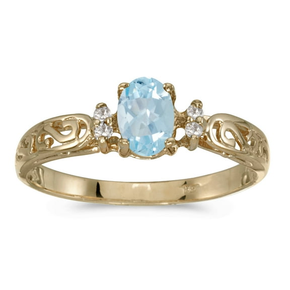 14k Yellow Gold Oval Aquamarine And Diamond Filigree Ring