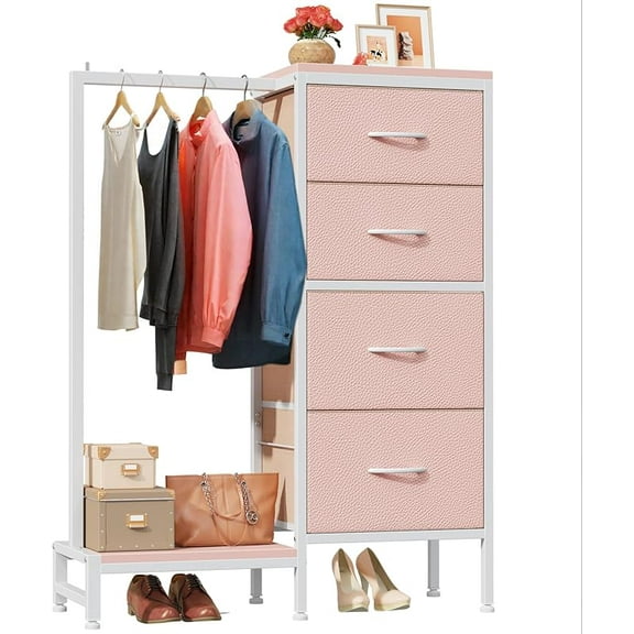 Dresser with Hanging Rack, 4 Drawers Small Closet for Bedroom, Reversible Fabric Chest of Drawers with Clothes Rack, Tall Storage Tower, Sturdy Frame, White, 44''H