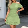 thumbnail image 4 of Brunch Dresses for Women off the Shoulder Short Sleeve Ruffle Cute Mini Dress Fit and Flare Summer Dresses Green XL(XL), 4 of 5
