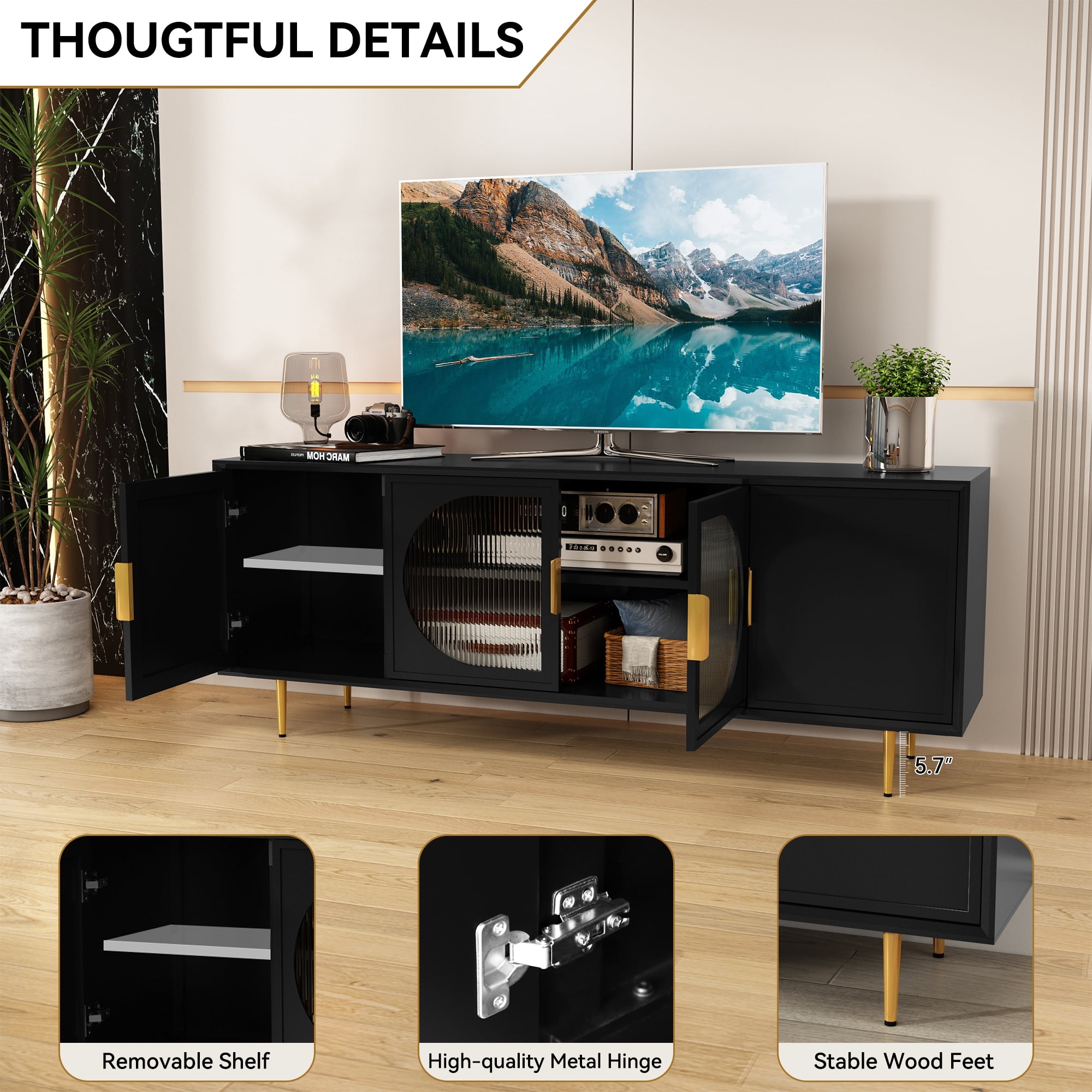 HLR Modern 66" TV Stand, for TVs up to 75", Living Room Entertainment Center with Glass Storage Cabinet, Black