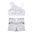 thumbnail image 2 of Alvivi Girls Gymnastic Ballet Dance Outfits Sequin Asymmetrical Shoulder Ruffle Crop Top with Shorts Set Metallic Silver 14, 2 of 7