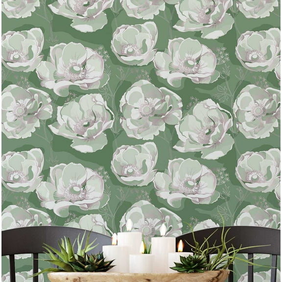 S4Sassy Peel & Stick Vinyl Wallpaper, Elegant Peony Wallpaper Contact Paper Waterproof - Green, 25"X 120", Removable Wall Covering For Home Decor In Bedrooms, Renter Spaces, Cabinets
