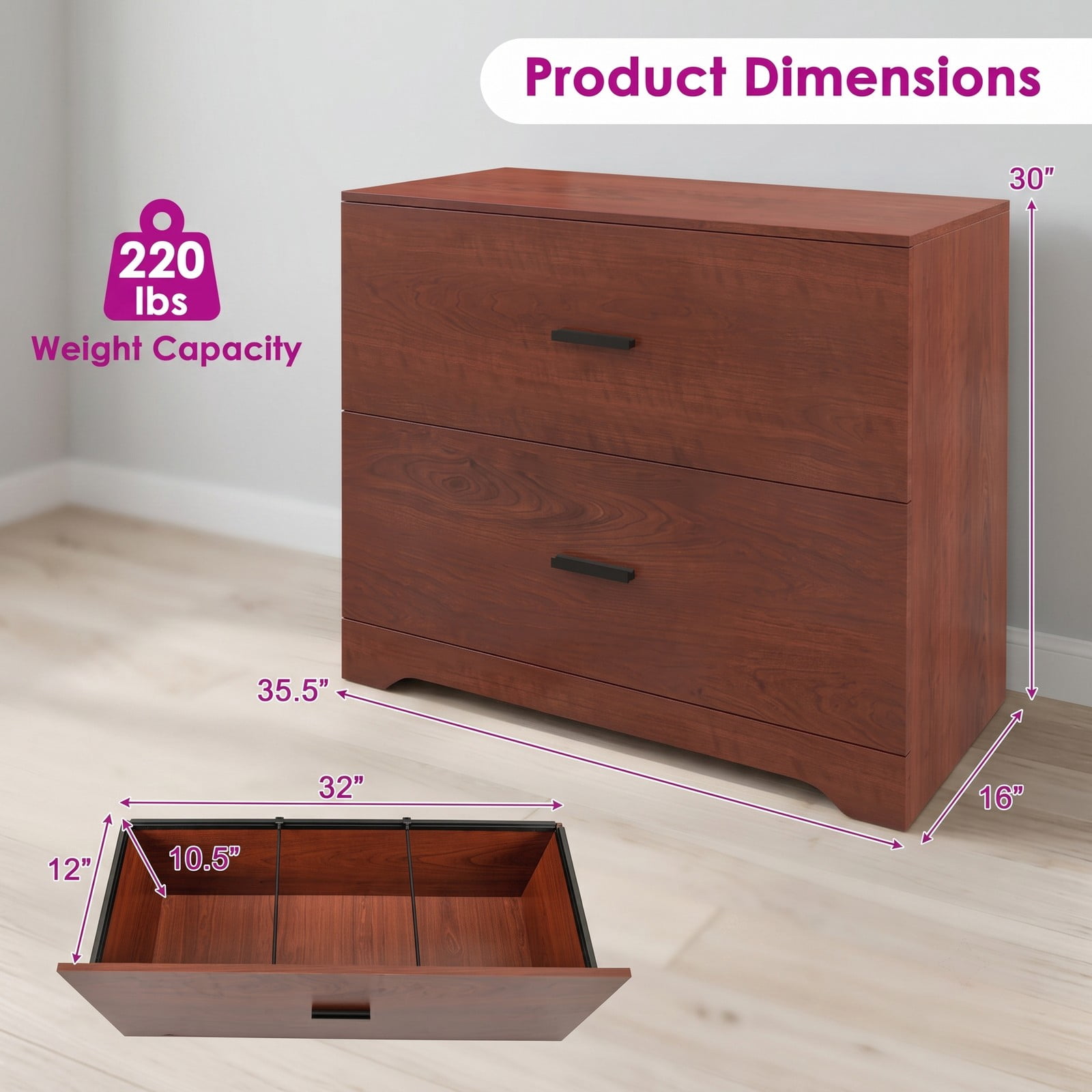 Furnibear 2-Drawer Lateral File Cabinet with Adjustable Bars, Wood Filing Storage Cabinet for Letter Legal A4 Files, Anti-Tilt Home Office Printer Stand, Walnut