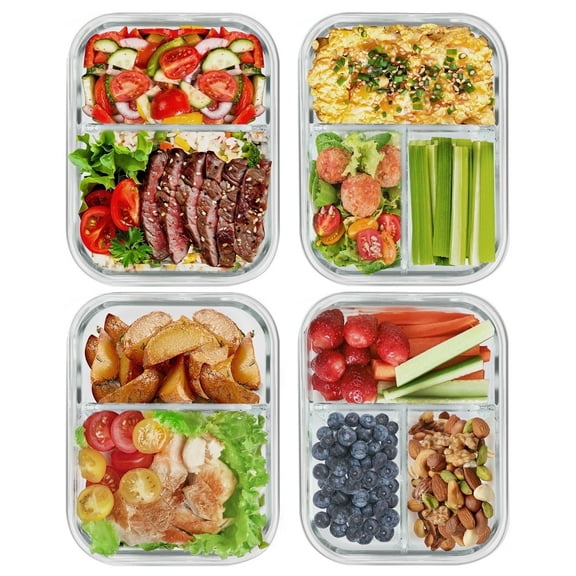 8 Pcs Glass Food Storage Containers with Lids, 2 & 3 Compartment Glass Airtight Meal Prep Containers (4 Containers & 4 Lids), Oven & Freezer Safe, Leak Proof - Grey