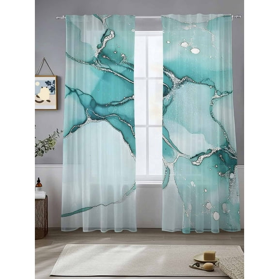 Turquoise Marble Sheer Curtains for Living Room Bedroom Nature Marble Crack Country Retro Sheer Curtains 84 Inch Long 2 Panels Set Light Filtering Curtain Window Treatments Drapes for Dining Room