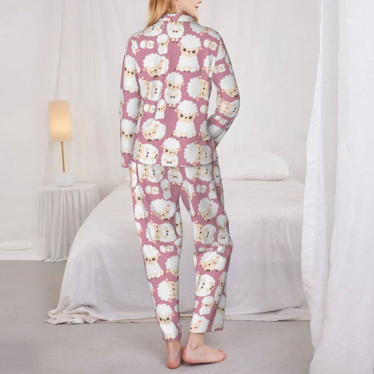 Satdflie Cartoon Fleece Pajama Set For Petite Women - Long Sleeve Top & Pants, Fuzzy Winter Sleepwear