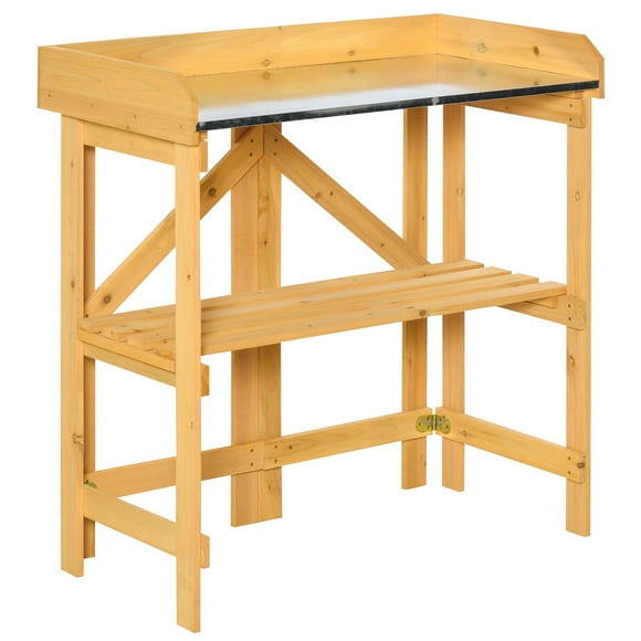 Outsunny Outdoor Garden Potting Bench Table Foldable Work Bench w/ Open Shelf Metal Tabletop Natural Wood Frame 33.5"x17.25"x35" Yellow