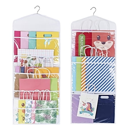 Propik Hanging Double Sided Gift Bag Storage Organizer With Multiple Front And Back Pockets - Organize Your Gift Wrap Tissue Paper And Paper Bags 38 X 16 Inch Pvc (White)