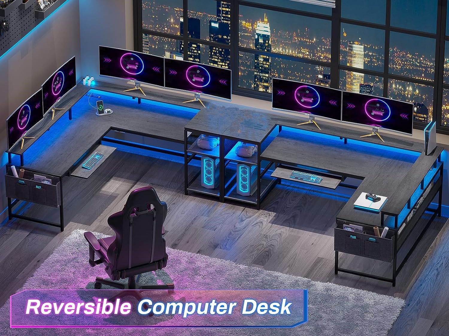 L-Shaped Office Desk with Charging Station & LED Lights, Reversible Gaming Computer Desk with Keyboard Tray & Monitor Stand, Dark Gray