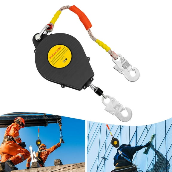 Black 15M Self Retracting Lifeline Lanyard Fall Arrester Fall Protection W/ Hook