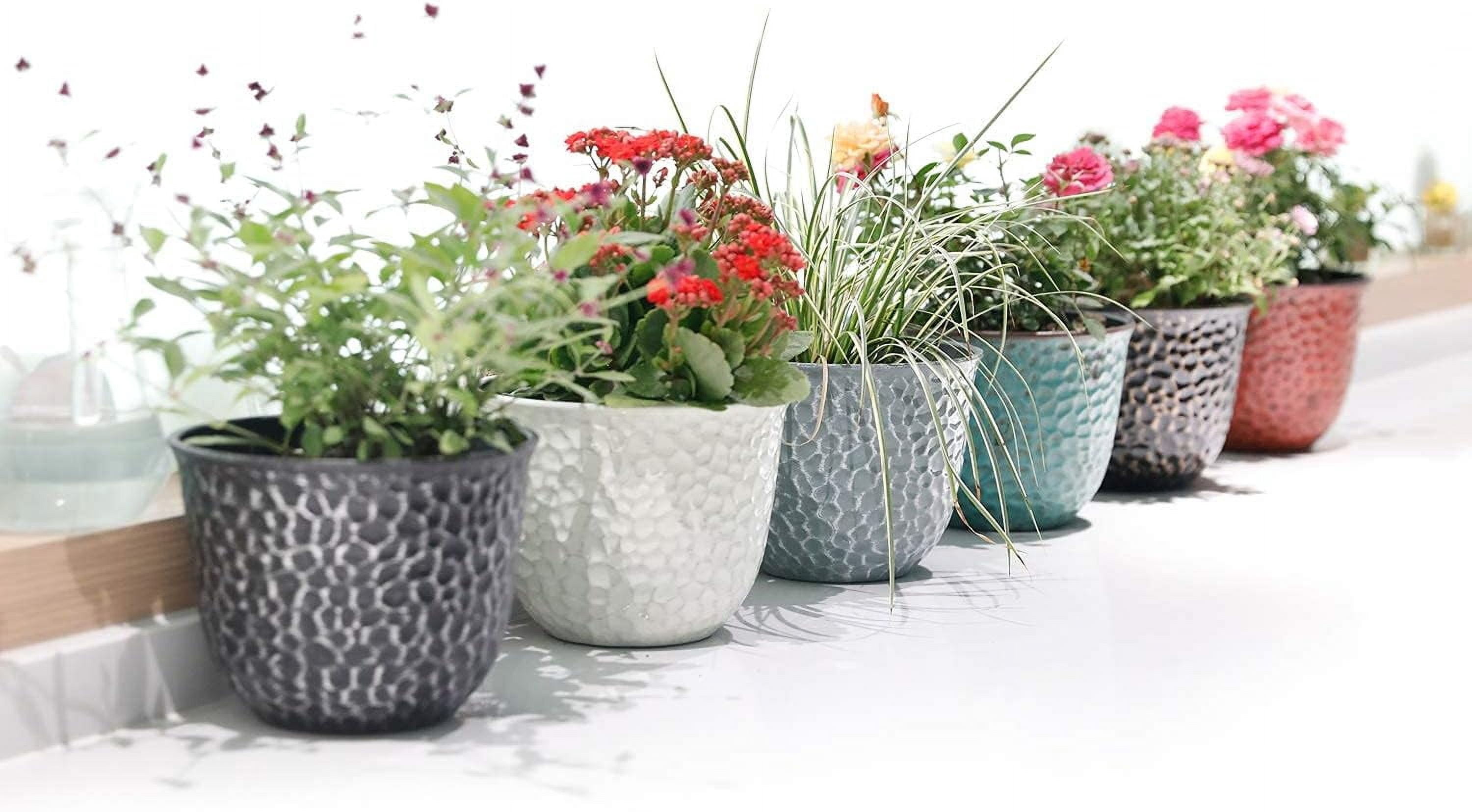 Davyline Plastic Round 8 Inch Planters for Indoor Plants Set of 6 Outdoor Resin Flower Pots Colorful with Drainage Hole Rubber Plug Retro Appearance Home Christmas Decorative Containers Multicolor