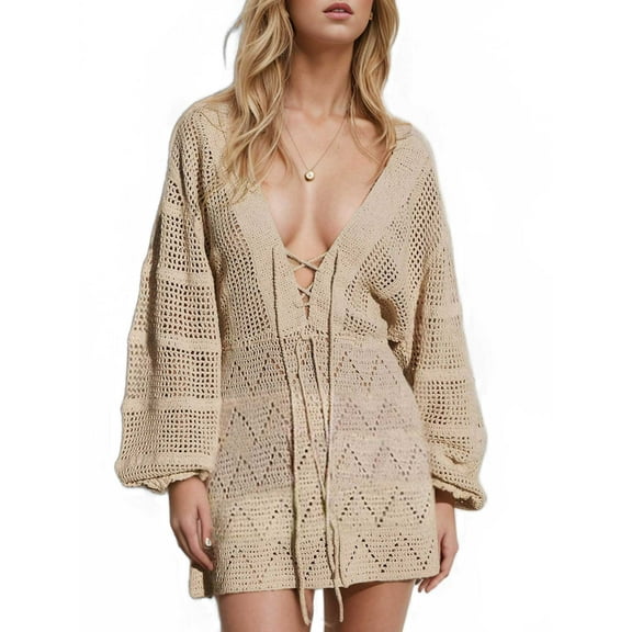 EDOLYNSA Crochet Swimsuit Coverup for Women Long Sleeve Knit Mini Beach Dress Bathing Suit Cover Up Cute Vacation Outfits